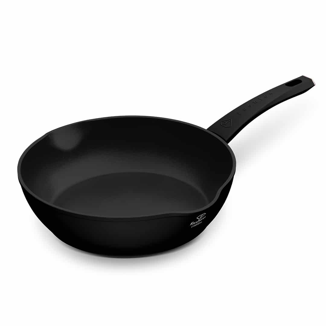 Mély serpenyő két kiöntővel, 28 cm (Fekete, rozéarany). Termékfotó világos háttéren.