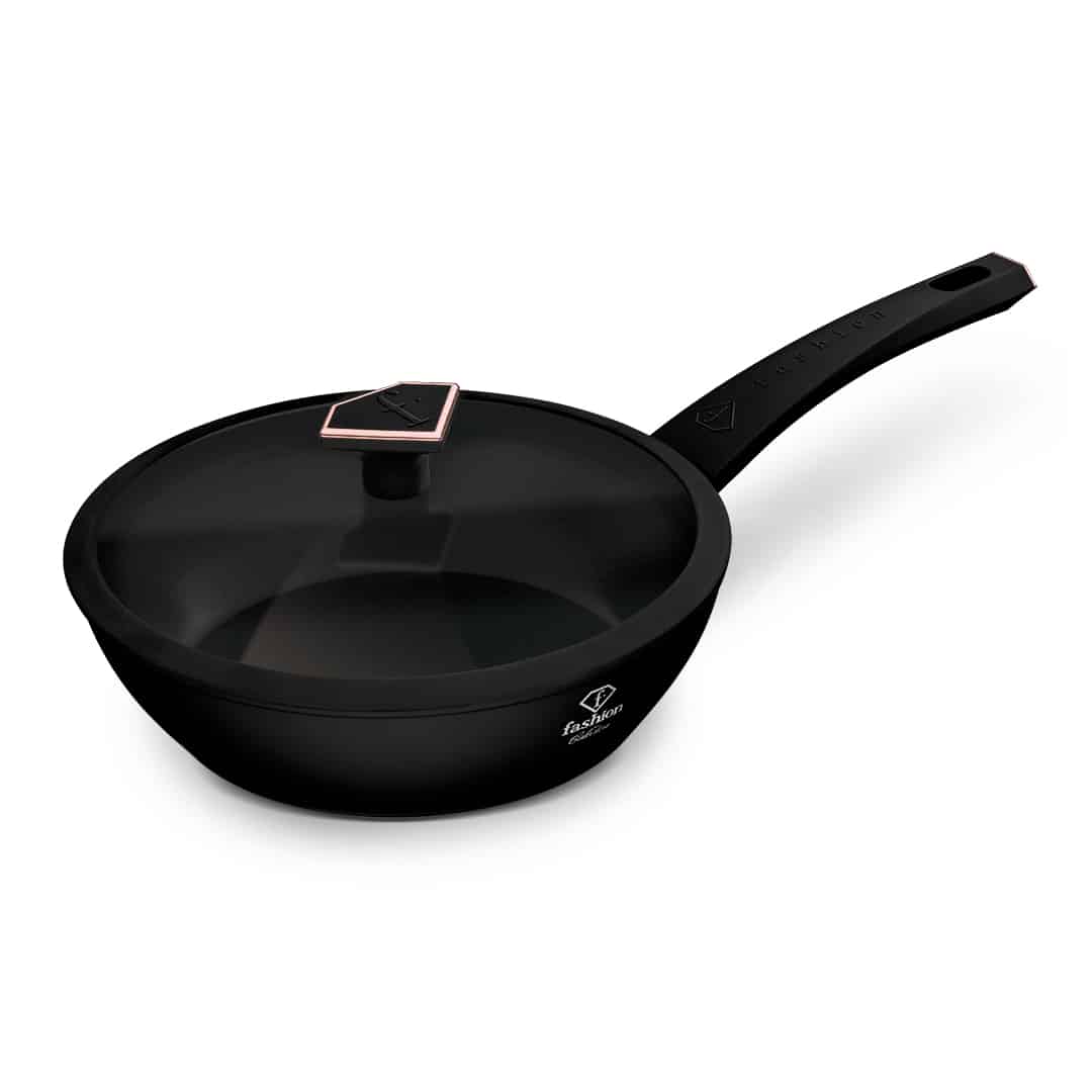 Mély serpenyő üvegfedővel, 24 cm (Fekete, rozéarany). Termékfotó világos háttéren.