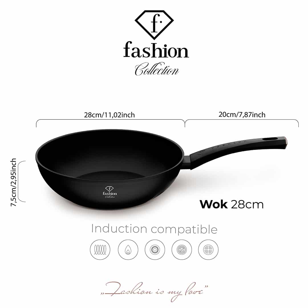 Tapadásmentes wok, 28 cm (Fekete, rozéarany). Méretrajz a termék több nézetével.