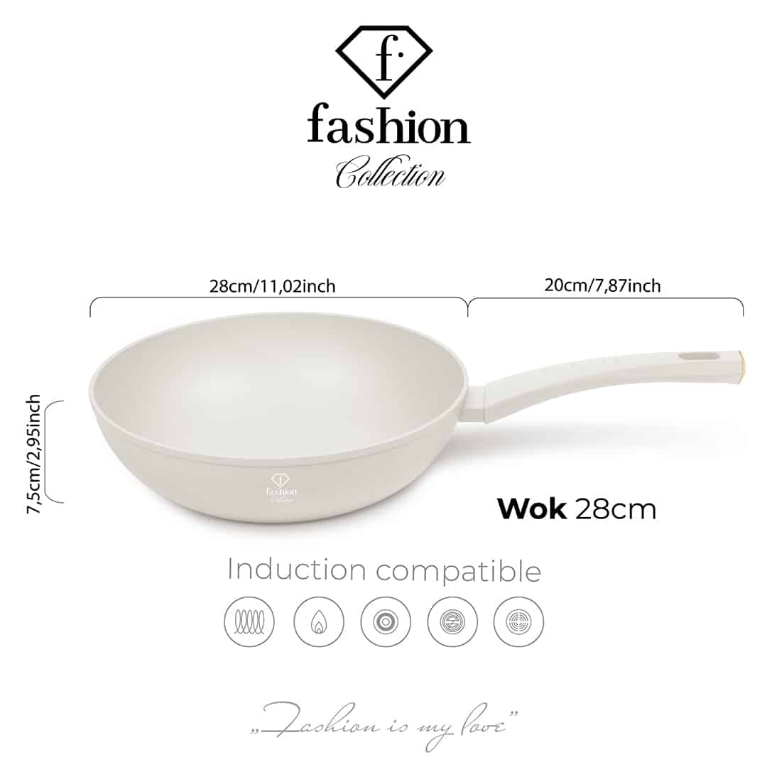 Tapadásmentes wok, 28 cm (Krém, arany). Méretrajz a termék több nézetével.