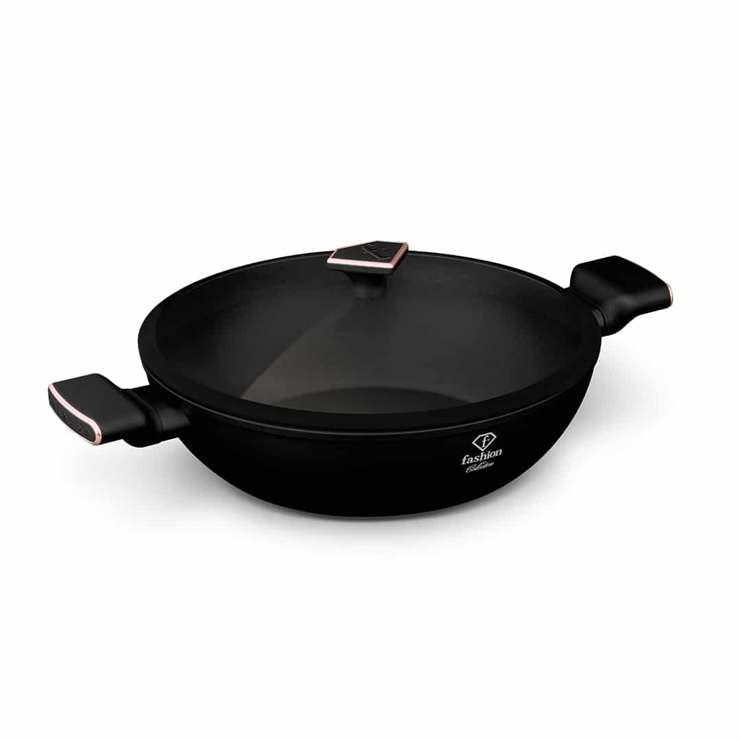Wok üvegfedővel, 30 cm (Fekete, rozéarany). Termékfotó világos háttéren.