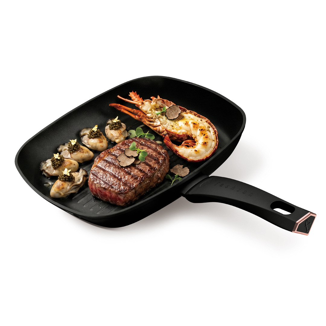 Patelnia grillowa ze szklaną pokrywką, 28 cm, czerń i różowe złoto, zdjęcie 4
