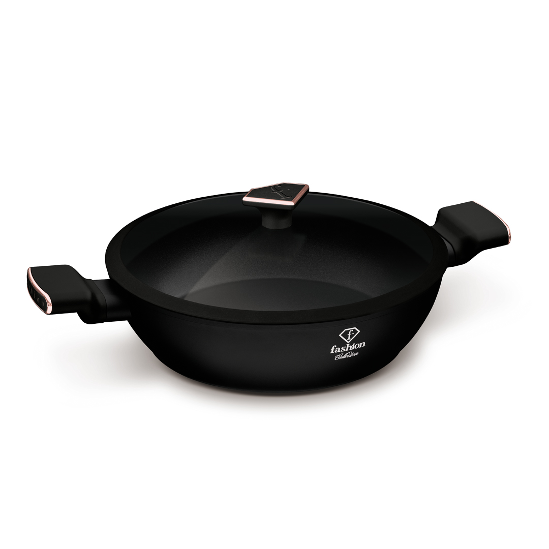 Sauteuse basse avec couvercle en verre, 28 cm, noir et or rose, photo 1