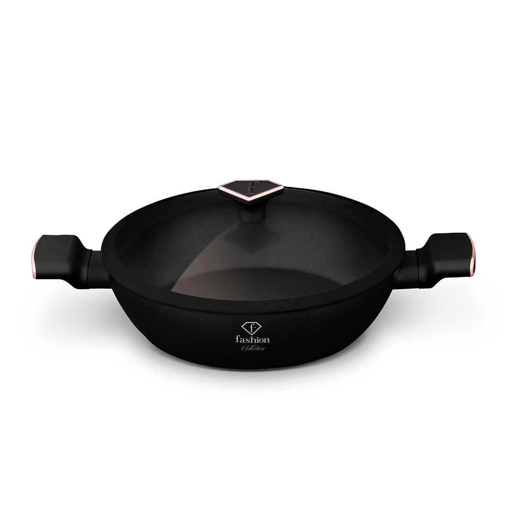 Sauteuse basse avec couvercle en verre, 28 cm, noir et or rose, photo 3