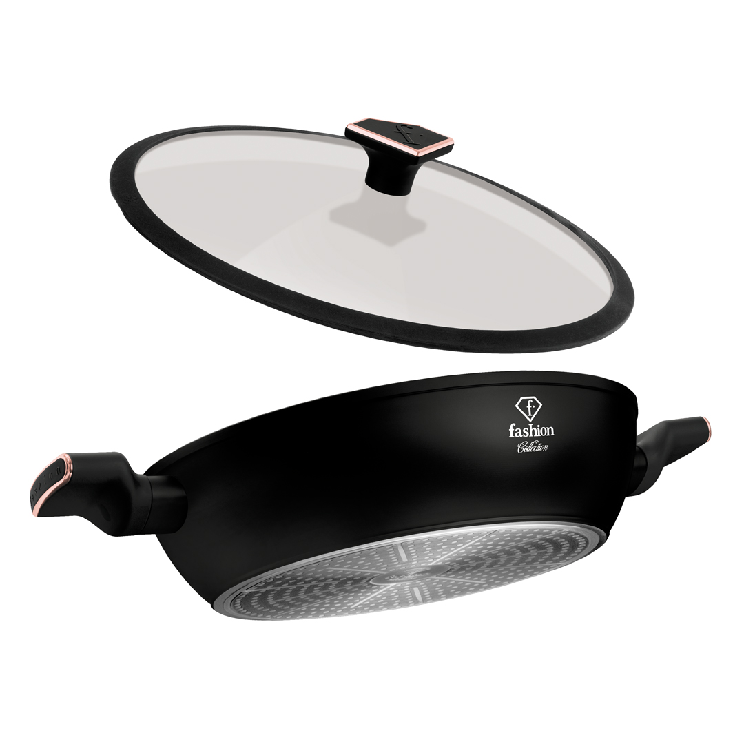 Sauteuse basse avec couvercle en verre, 30 cm, noir et or rose, photo 2