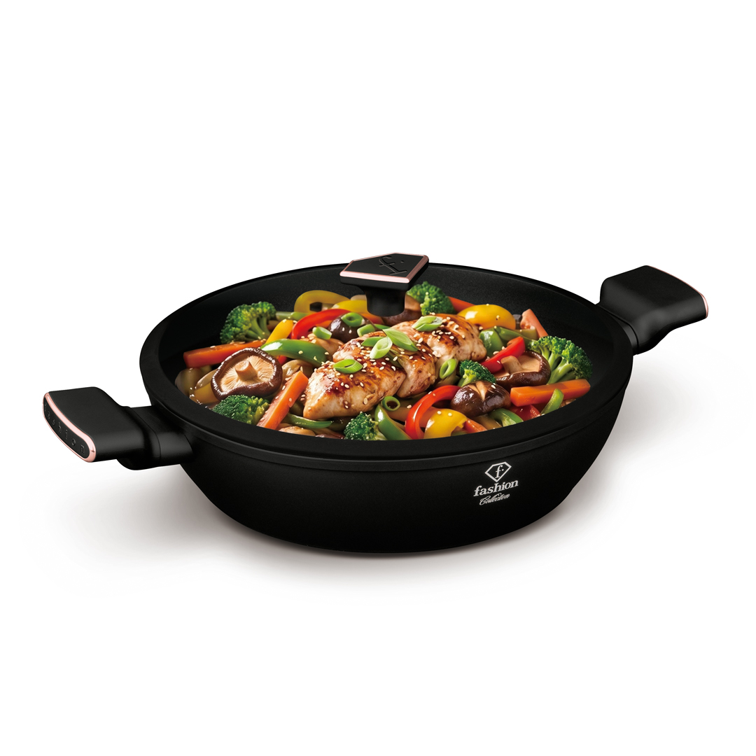 Sauteuse basse avec couvercle en verre, 30 cm, noir et or rose, photo 4