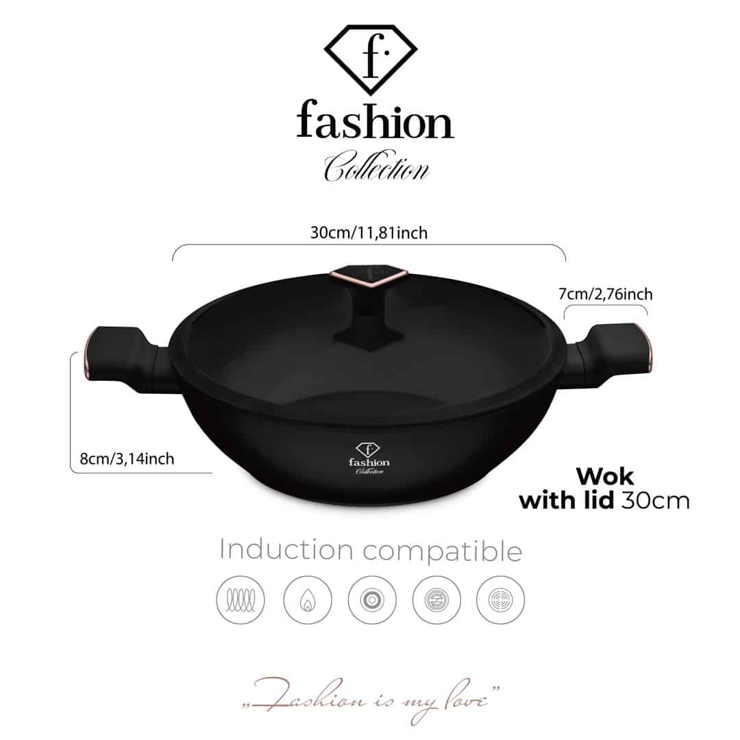 Wok üvegfedővel, 30 cm (Fekete, rozéarany). Méretrajz a termék több nézetével.