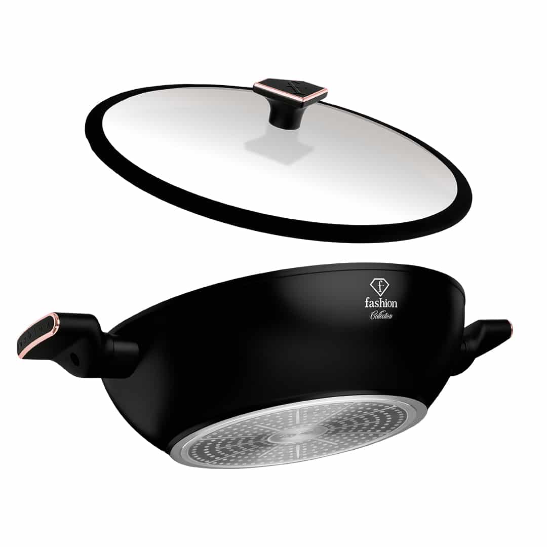 Wok üvegfedővel, 30 cm (Fekete, rozéarany). Az edény és a hozzá tartozó fedő külön bemutatva.