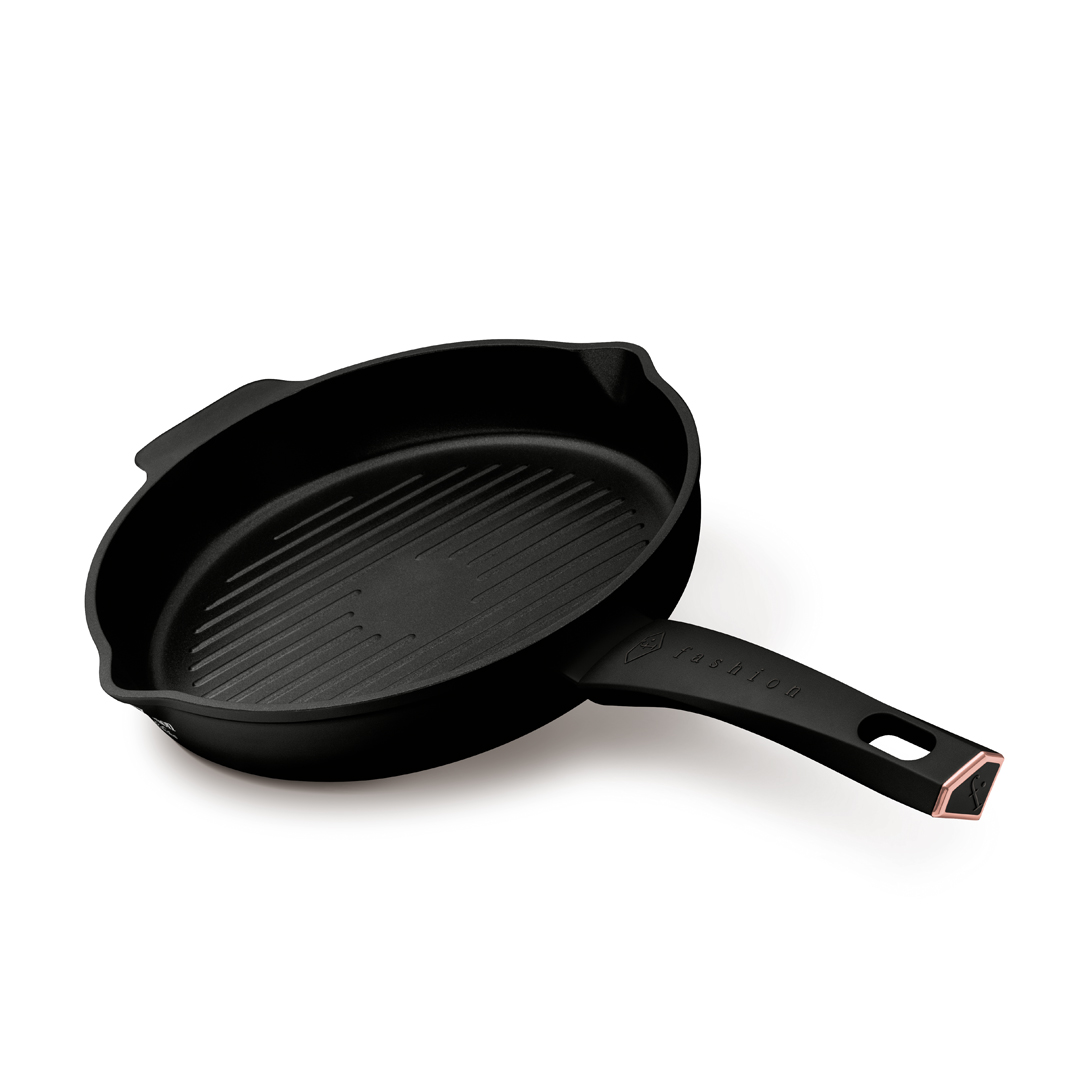 Poêle gril ronde avec deux becs verseurs, 26 cm, noir et or rose, photo 1