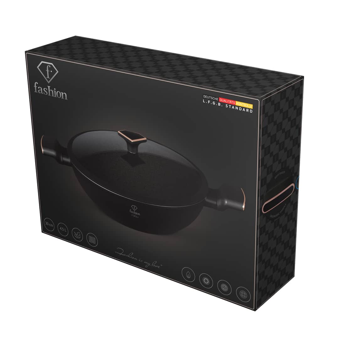 Wok üvegfedővel, 30 cm (Fekete, rozéarany). A termék gyártói doboza.