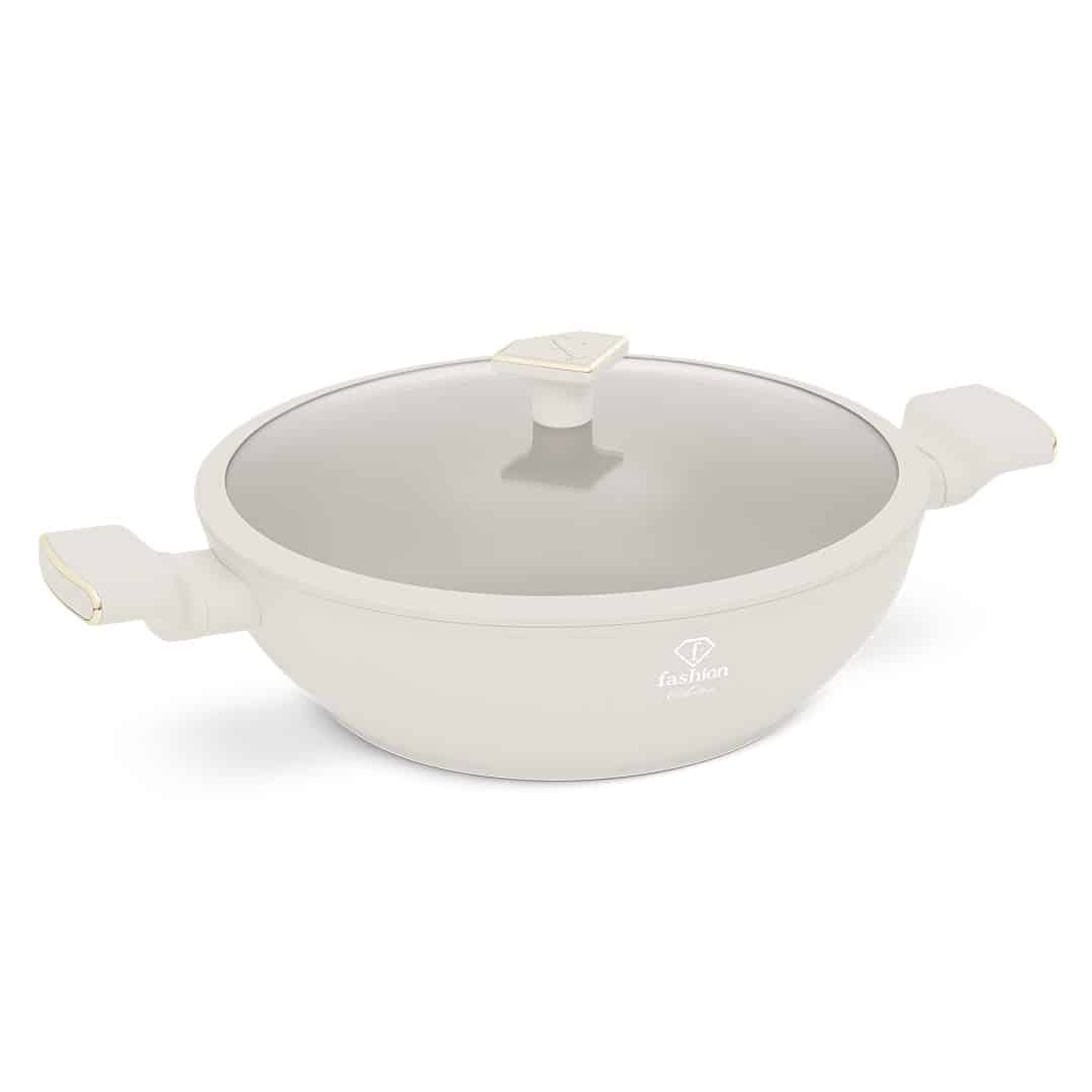 Wok üvegfedővel, 30 cm (Krém, arany). Termékfotó világos háttéren.