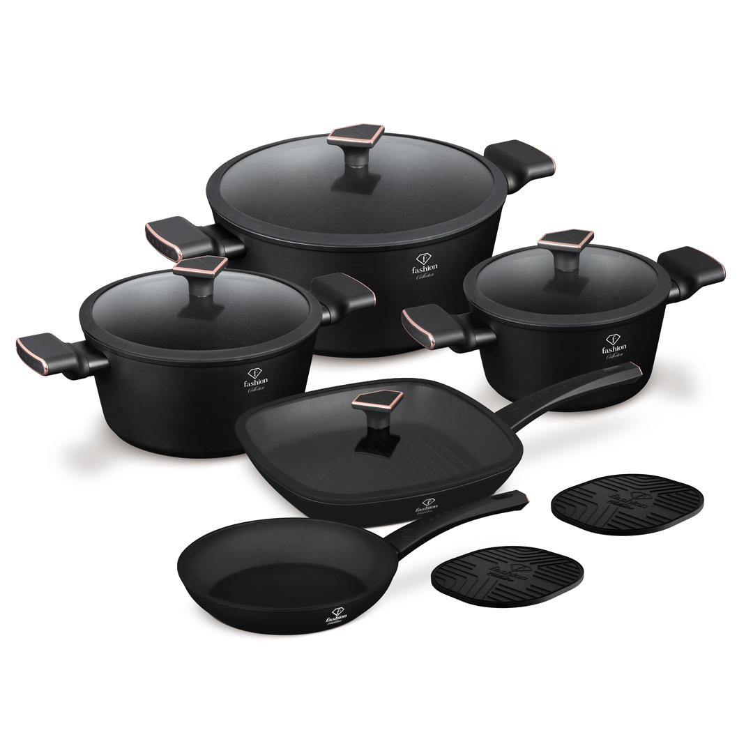 11-teiliges Kochgeschirrset mit Grillpfanne und 3 Töpfen, Schwarz und Roségold, Bild 1
