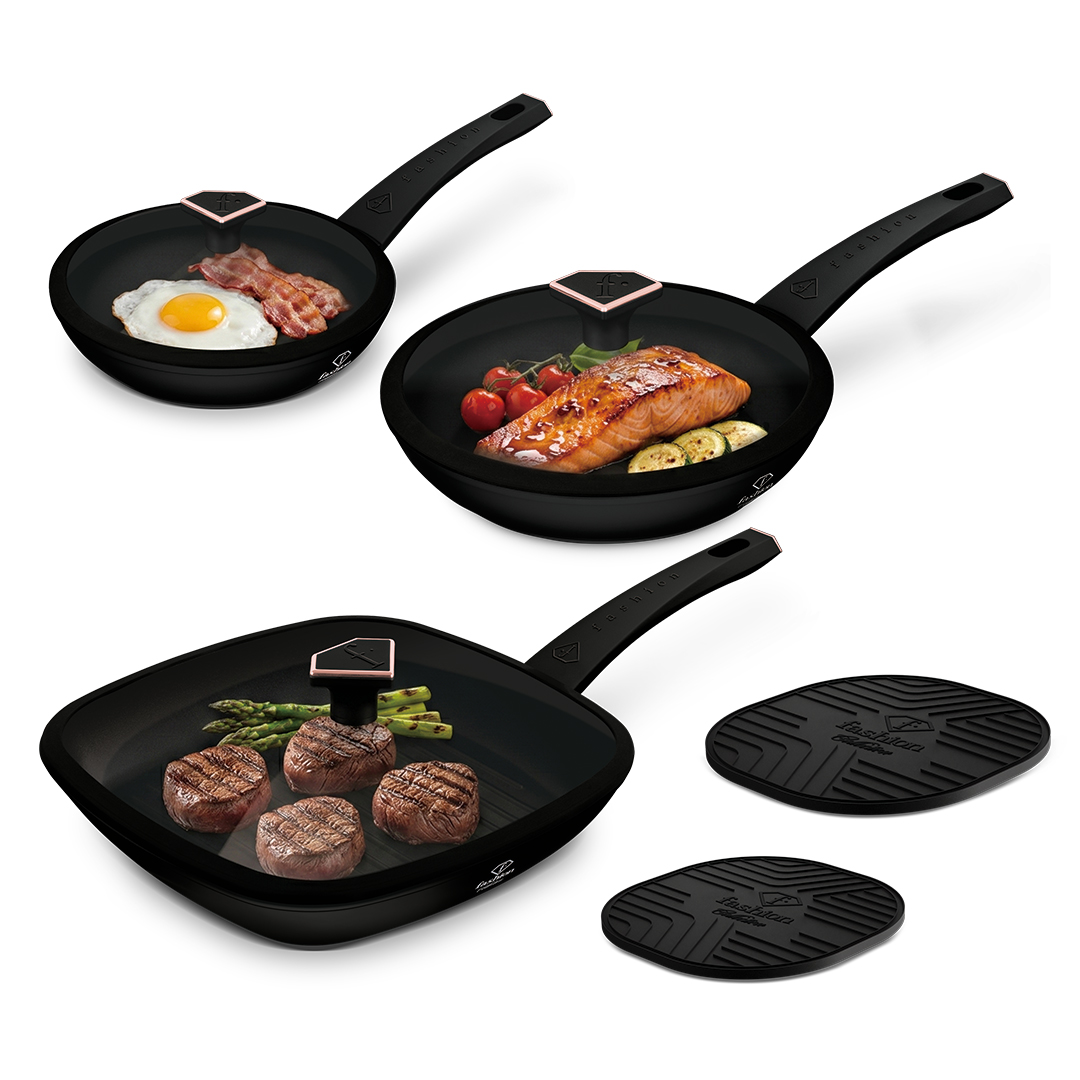 8-teiliges Pfannenset mit 3 Deckeln und Grillpfanne, Schwarz und Roségold, Bild 2
