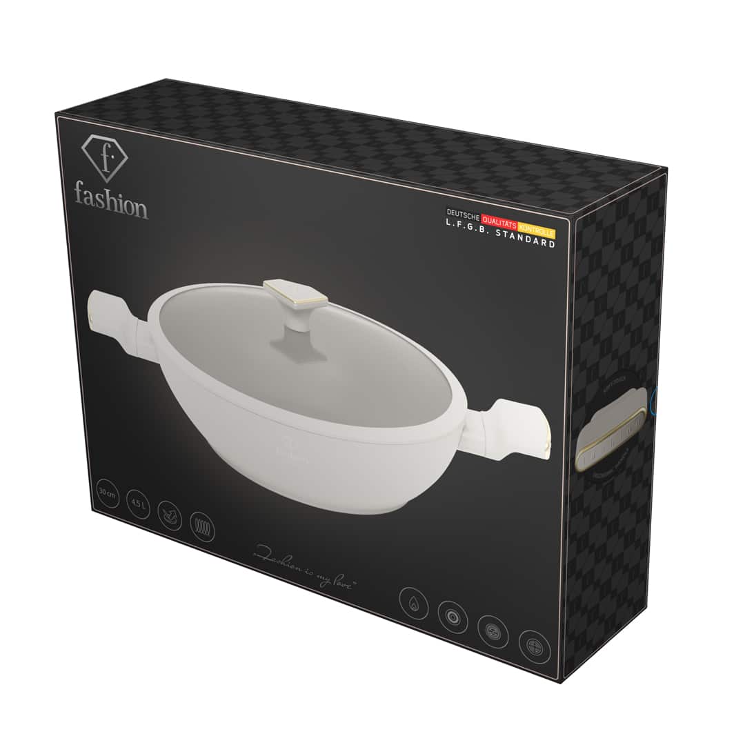 Wok üvegfedővel, 30 cm (Krém, arany). A termék gyártói doboza.
