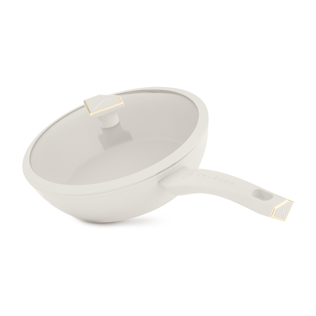 Deep frying pan with glass lid, 24 cm, cream and gold, photo 1