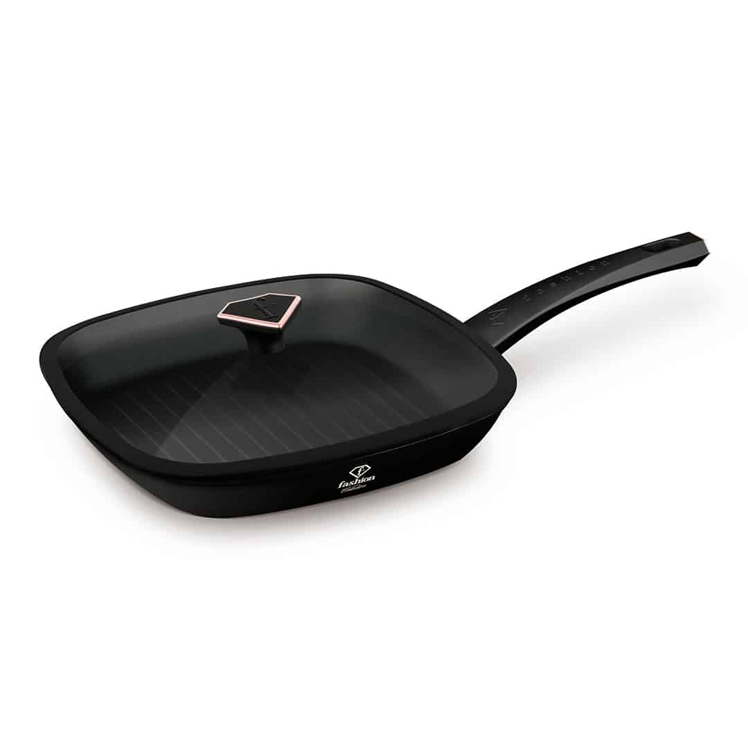 Grillserpenyő üvegfedővel, 28 cm (Fekete, rozéarany). Termékfotó világos háttéren.