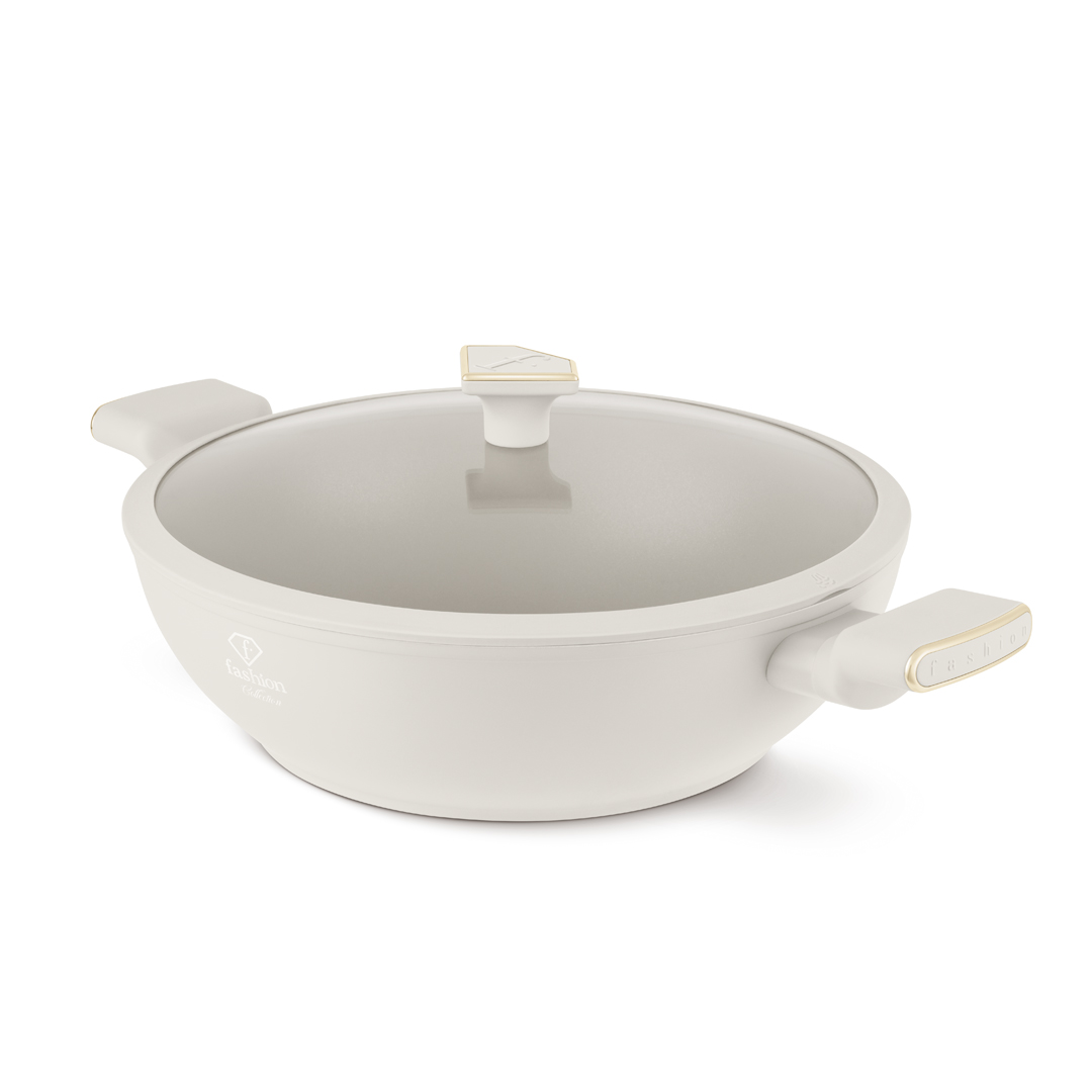 Wok üvegfedővel, 30 cm, krém és arany, kép 1