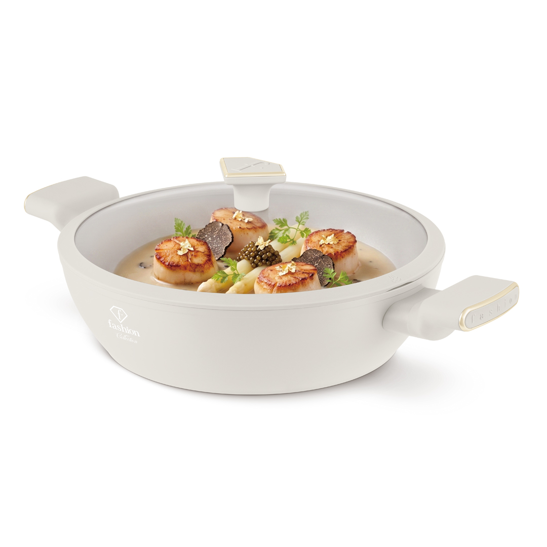 Sauteuse basse avec couvercle en verre, 28 cm, crème et or, photo 4