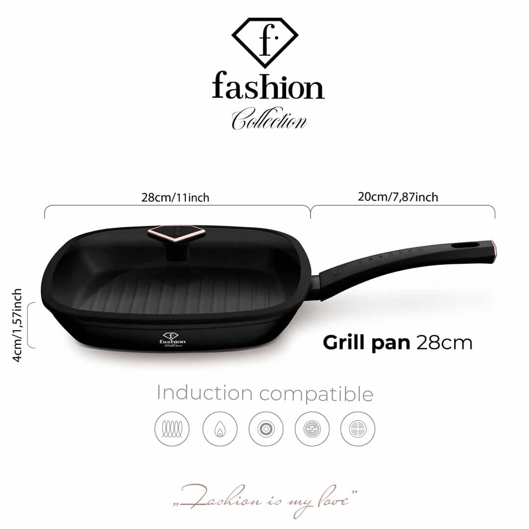 Grillserpenyő üvegfedővel, 28 cm (Fekete, rozéarany). Méretrajz a termék több nézetével.