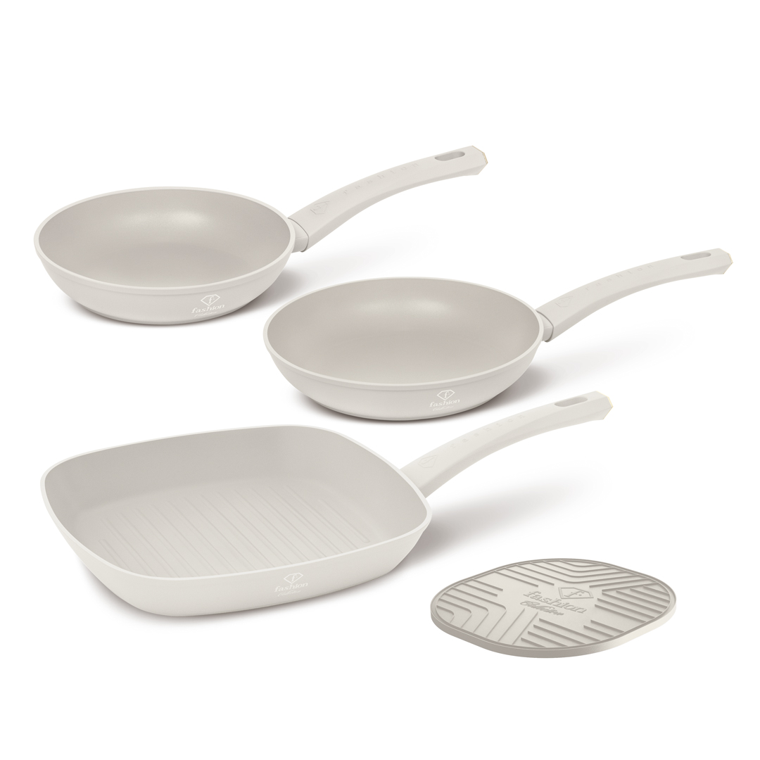 4-elementowy zestaw patelni z patelnią grillową, 20, 24 i 28 cm, krem i złoto, zdjęcie 1