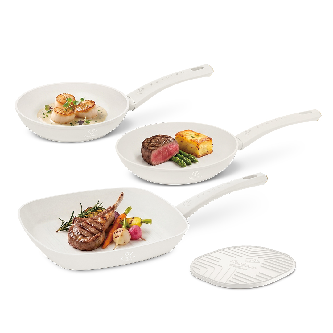 4-teiliges Pfannenset mit Grillpfanne, 20, 24 und 28 cm, Creme und Gold, Bild 4