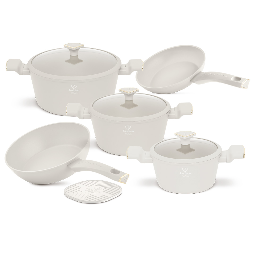 10-teiliges Kochgeschirrset mit 2 Pfannen und 3 Töpfen mit Deckel, Creme und Gold, Bild 1