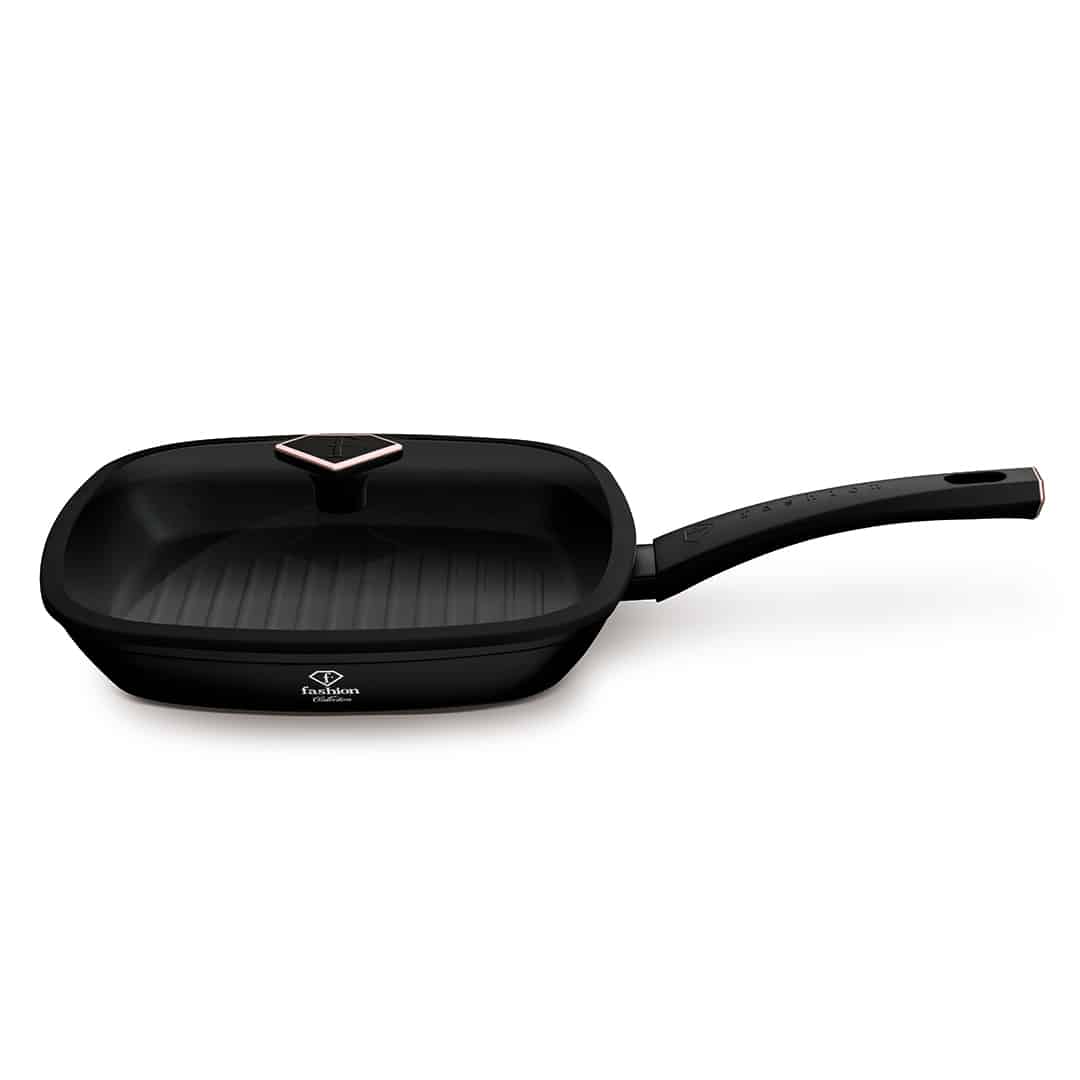 Grillserpenyő üvegfedővel, 28 cm (Fekete, rozéarany). A termék oldalnézetből.