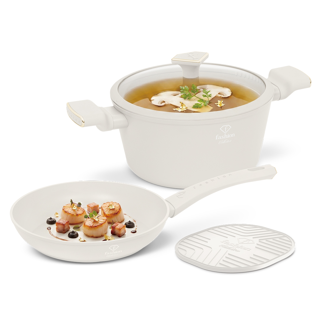 4-teiliges Kochgeschirrset mit 24-cm-Pfanne und Topf mit Deckel, Creme und Gold, Bild 4