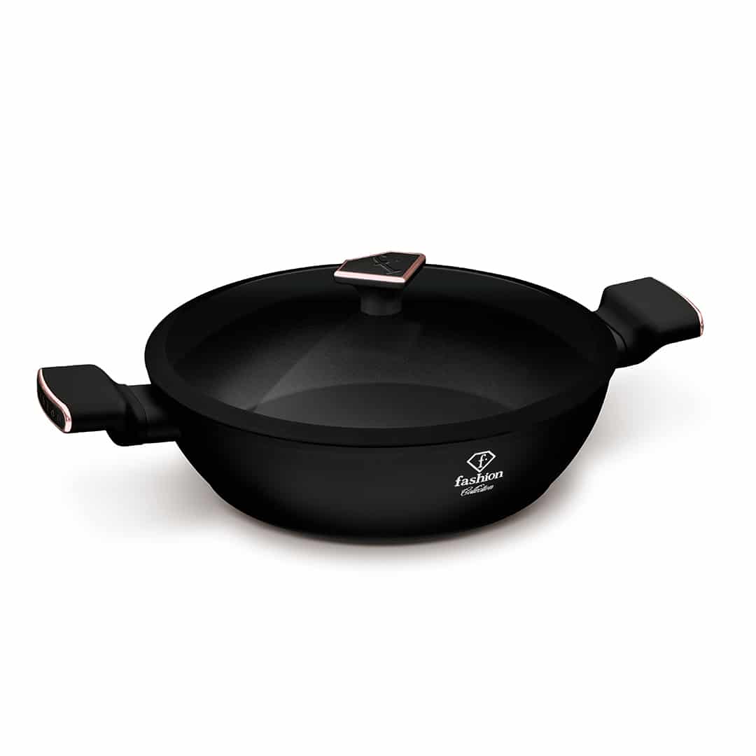 Alacsony lábas üvegfedővel, 28 cm (Fekete, rozéarany). Termékfotó világos háttéren.