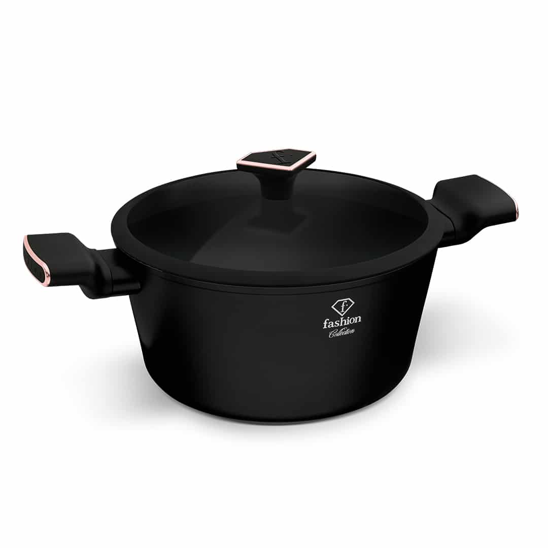 Fazék szűrős üvegfedővel, 20 cm, 2,5 l (Fekete, rozéarany). Termékfotó világos háttéren.