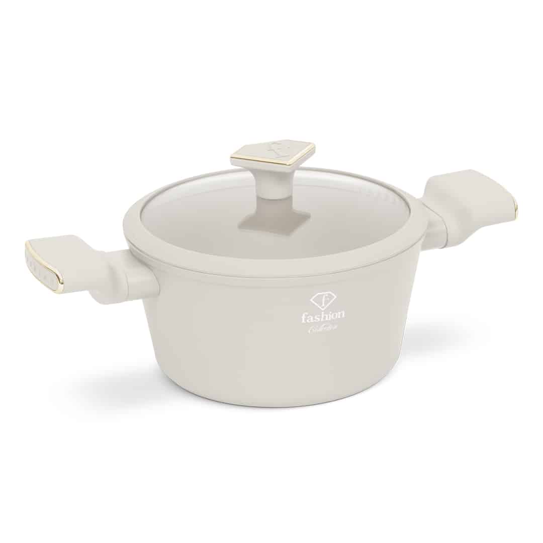 Fazék szűrős üvegfedővel, 20 cm, 2,5 l (Krém, arany). Termékfotó világos háttéren.