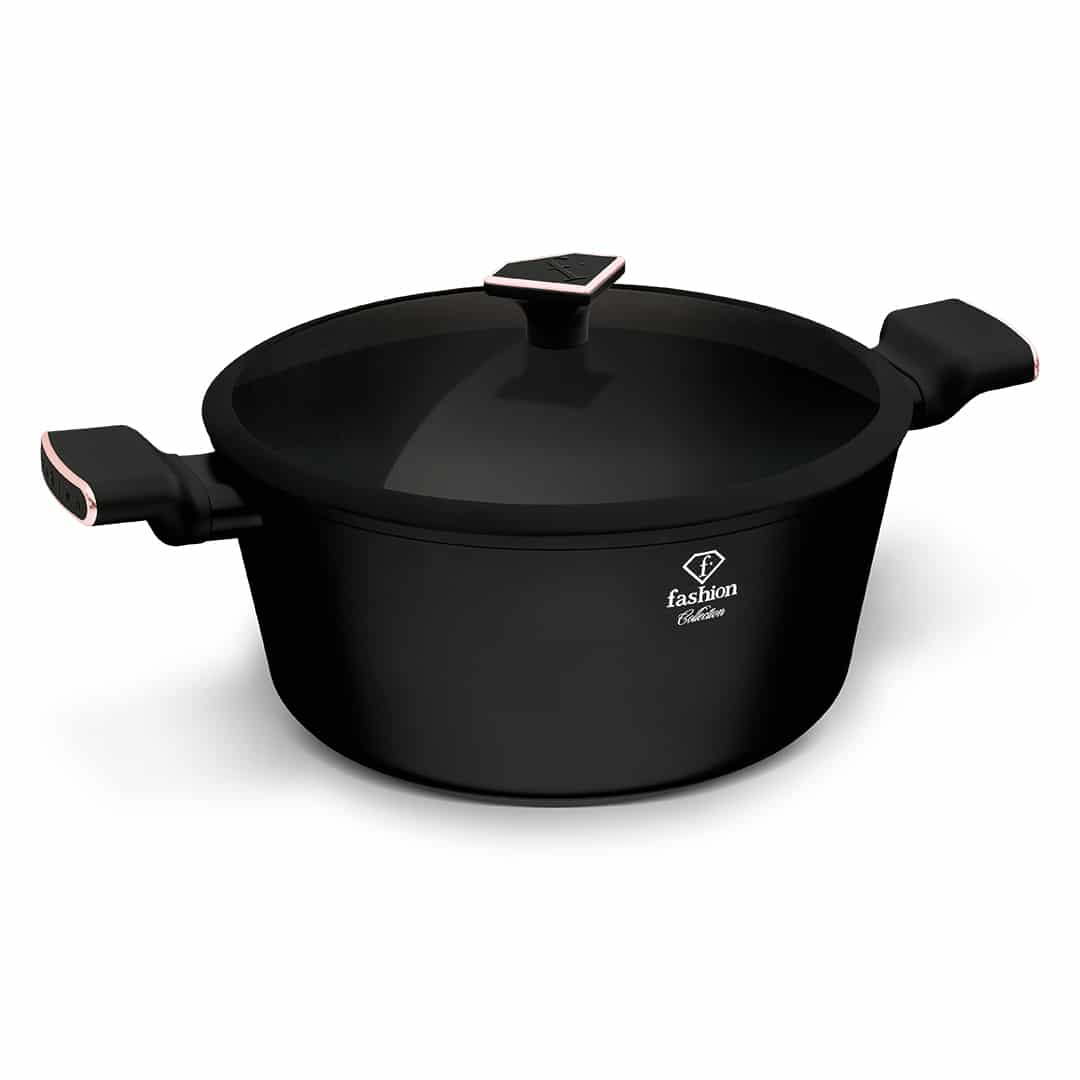 Nagy fazék üvegfedővel, 30 cm, 8 l (Fekete, rozéarany). Termékfotó világos háttéren.
