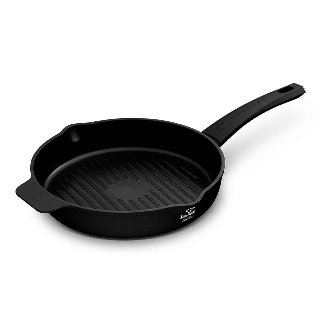 Kerek grillserpenyő két kiöntővel, 26 cm (Fekete, rozéarany). Termékfotó világos háttéren.