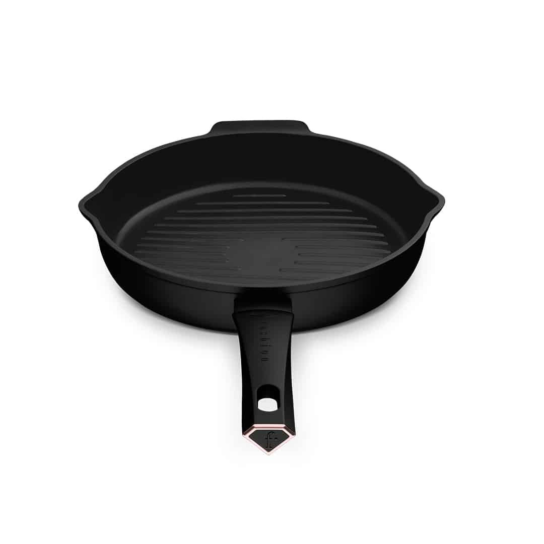 Kerek grillserpenyő két kiöntővel, 26 cm (Fekete, rozéarany). A termék elölnézetből.