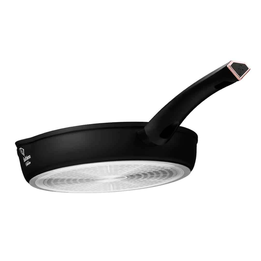 Kerek grillserpenyő két kiöntővel, 26 cm (Fekete, rozéarany). Az edény alja és fogantyúja látható.