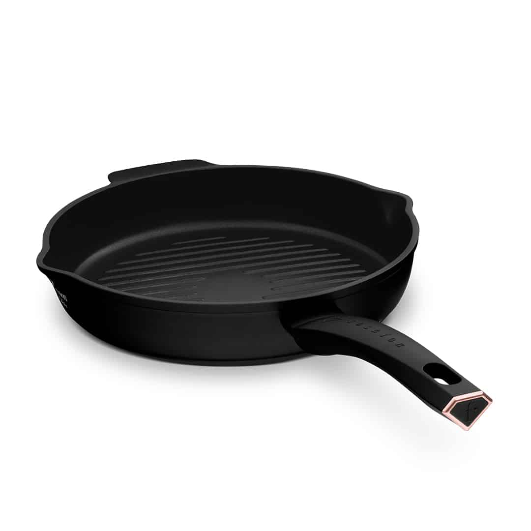 Kerek grillserpenyő két kiöntővel, 26 cm (Fekete, rozéarany). A termék ferde nézetből.