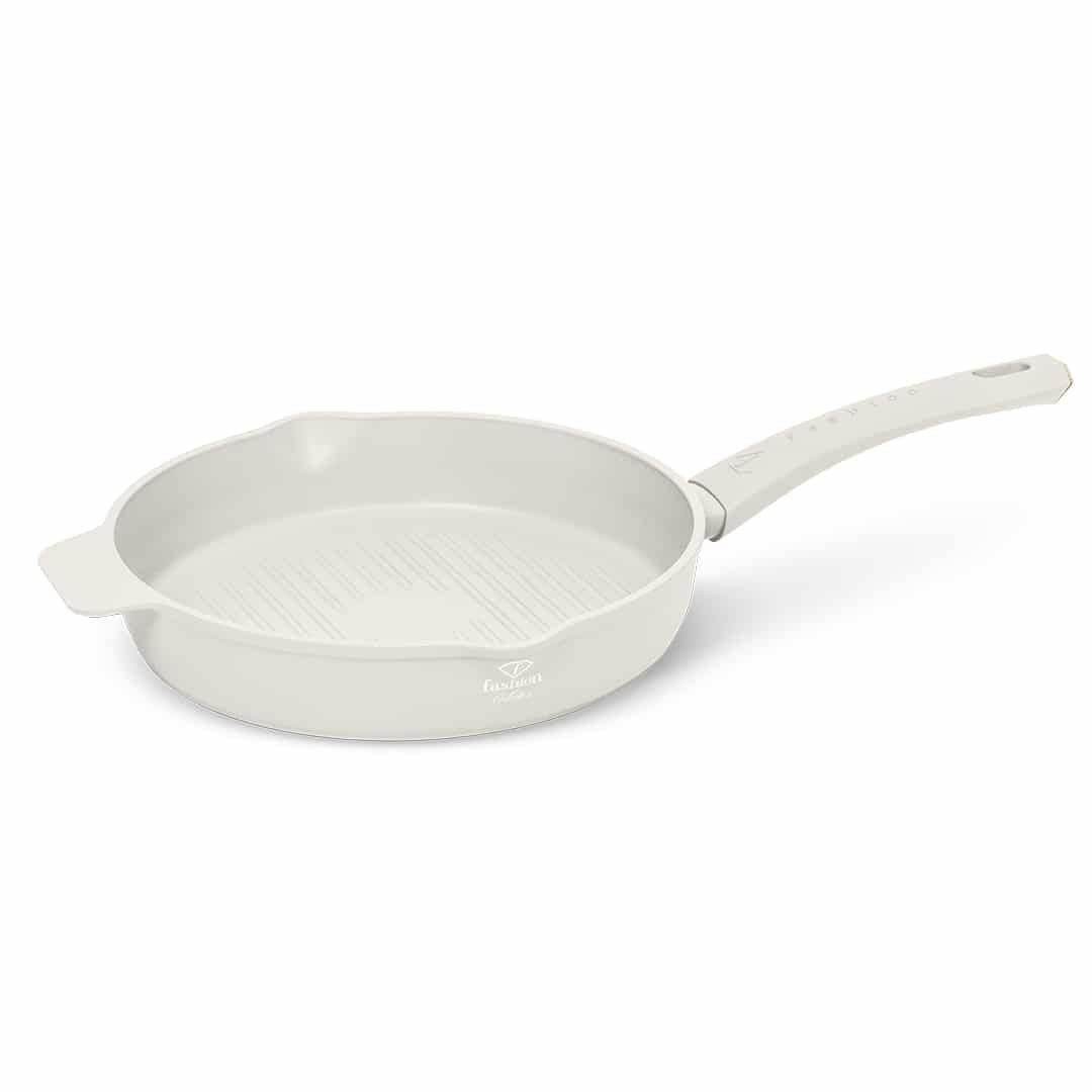 Kerek grillserpenyő két kiöntővel, 26 cm (Krém, arany). Termékfotó világos háttéren.