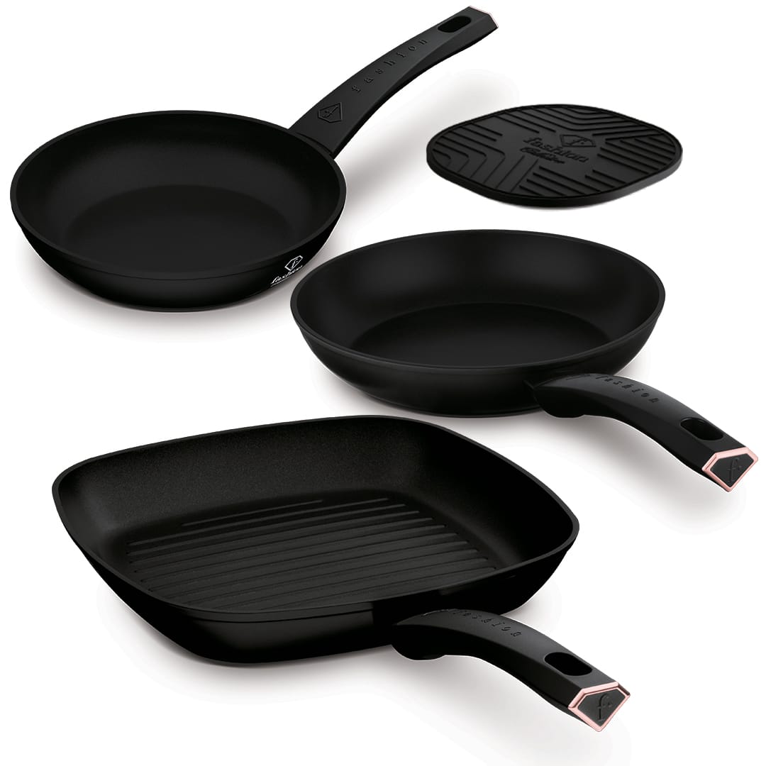 4 részes serpenyőkészlet grillserpenyővel, 20, 24 és 28 cm (Fekete, rozéarany). Termékfotó világos háttéren.