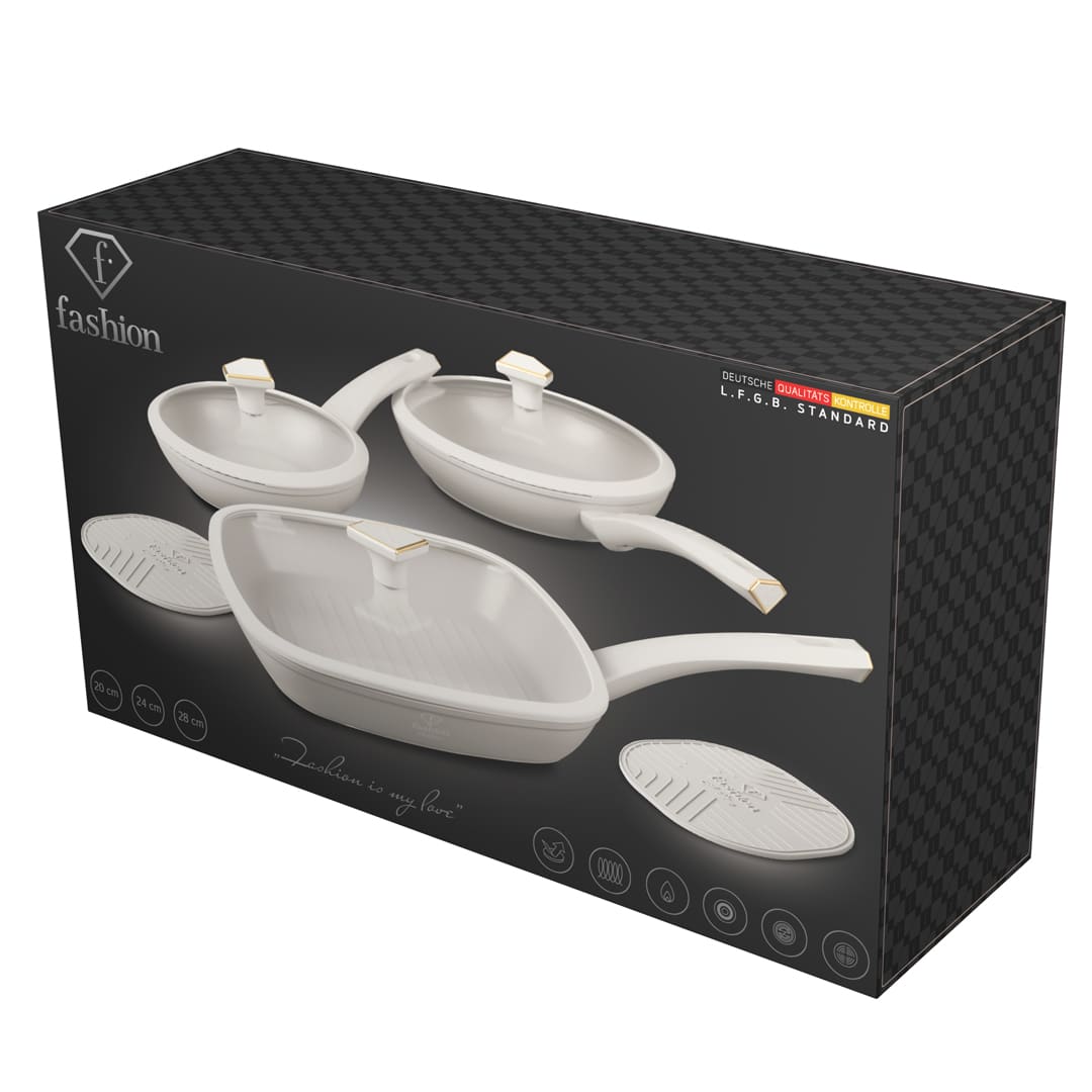 8-elementowy zestaw patelni z 3 pokrywkami i patelnią grillową (Kremowy ze złotem). Opakowanie producenta produktu.