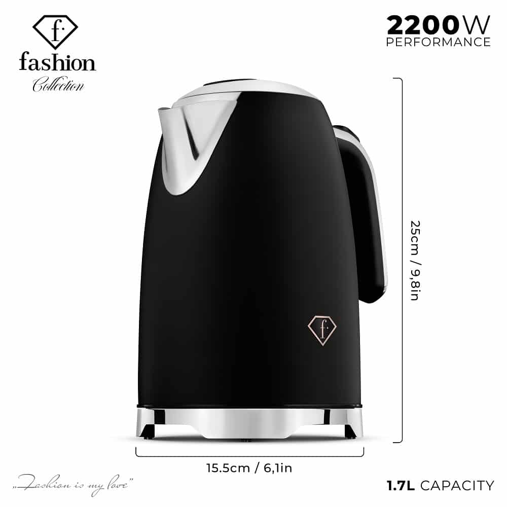 Vízforraló, 1,7 l (Fekete, rozéarany). Méretrajz a termék több nézetével.