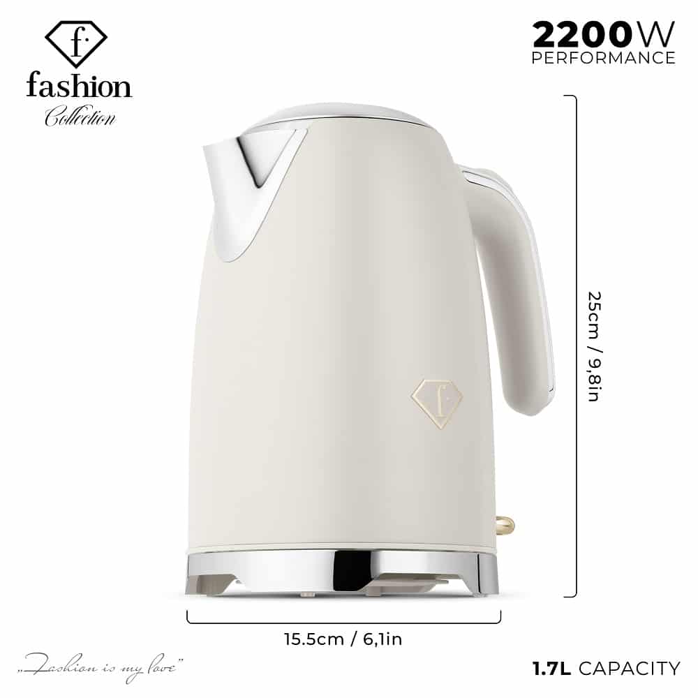 Vízforraló, 1,7 l (Krém, arany). Méretrajz a termék több nézetével.