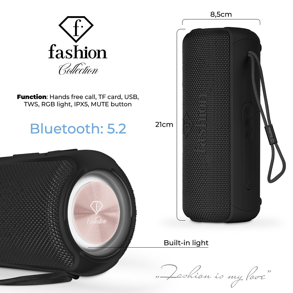 Hordozható Bluetooth-hangszóró, 21 cm (Fekete, rozéarany). Gyártói ábra a termék részleteiről.