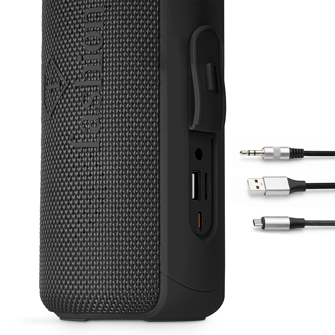 Hordozható Bluetooth-hangszóró, 21 cm (Fekete, rozéarany). A készülék csatlakozóinak részlete.