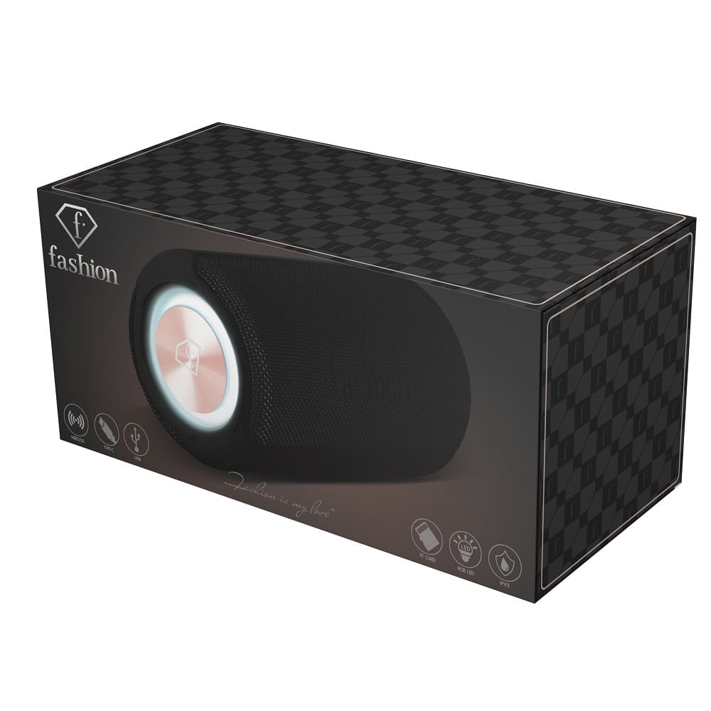 Hordozható Bluetooth-hangszóró, 21 cm (Fekete, rozéarany). A termék gyártói doboza.