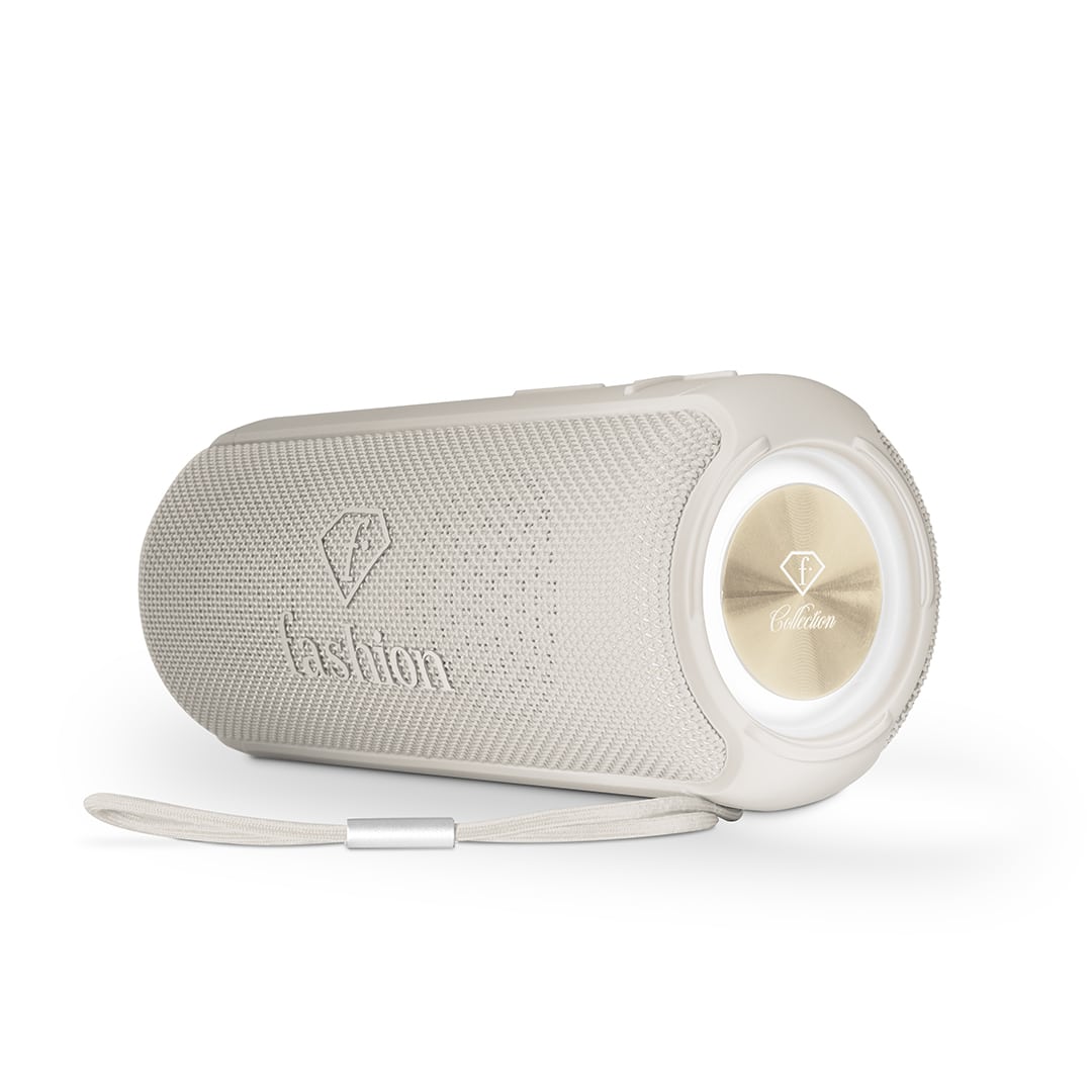 Hordozható Bluetooth-hangszóró, 21 cm (Krém, arany). Termékfotó világos háttéren.