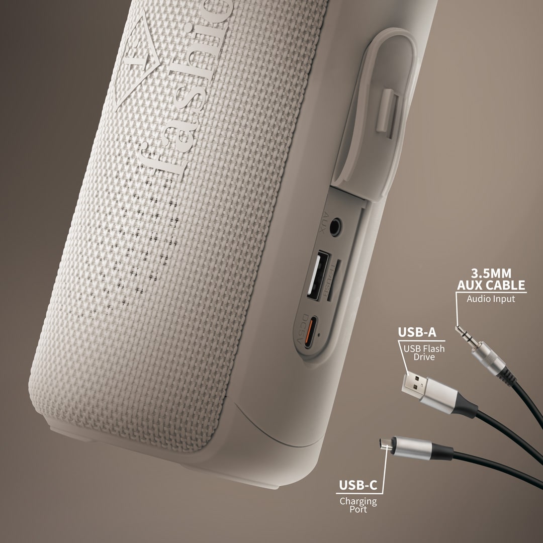 Hordozható Bluetooth-hangszóró, 21 cm (Krém, arany). A készülék csatlakozóinak részlete.