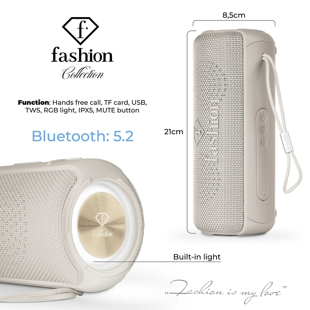 Hordozható Bluetooth-hangszóró, 21 cm (Krém, arany). Gyártói ábra a termék részleteiről.