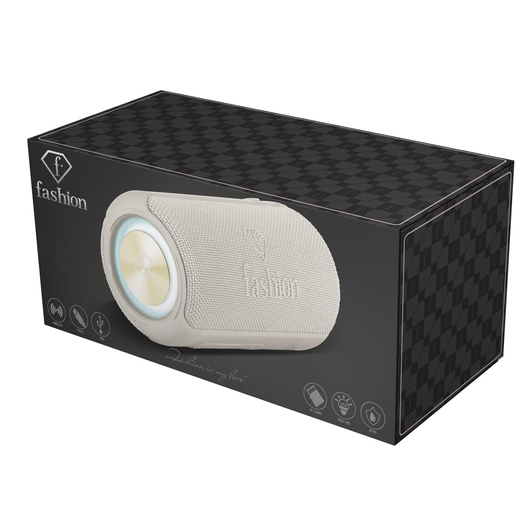 Hordozható Bluetooth-hangszóró, 21 cm (Krém, arany). A termék gyártói doboza.