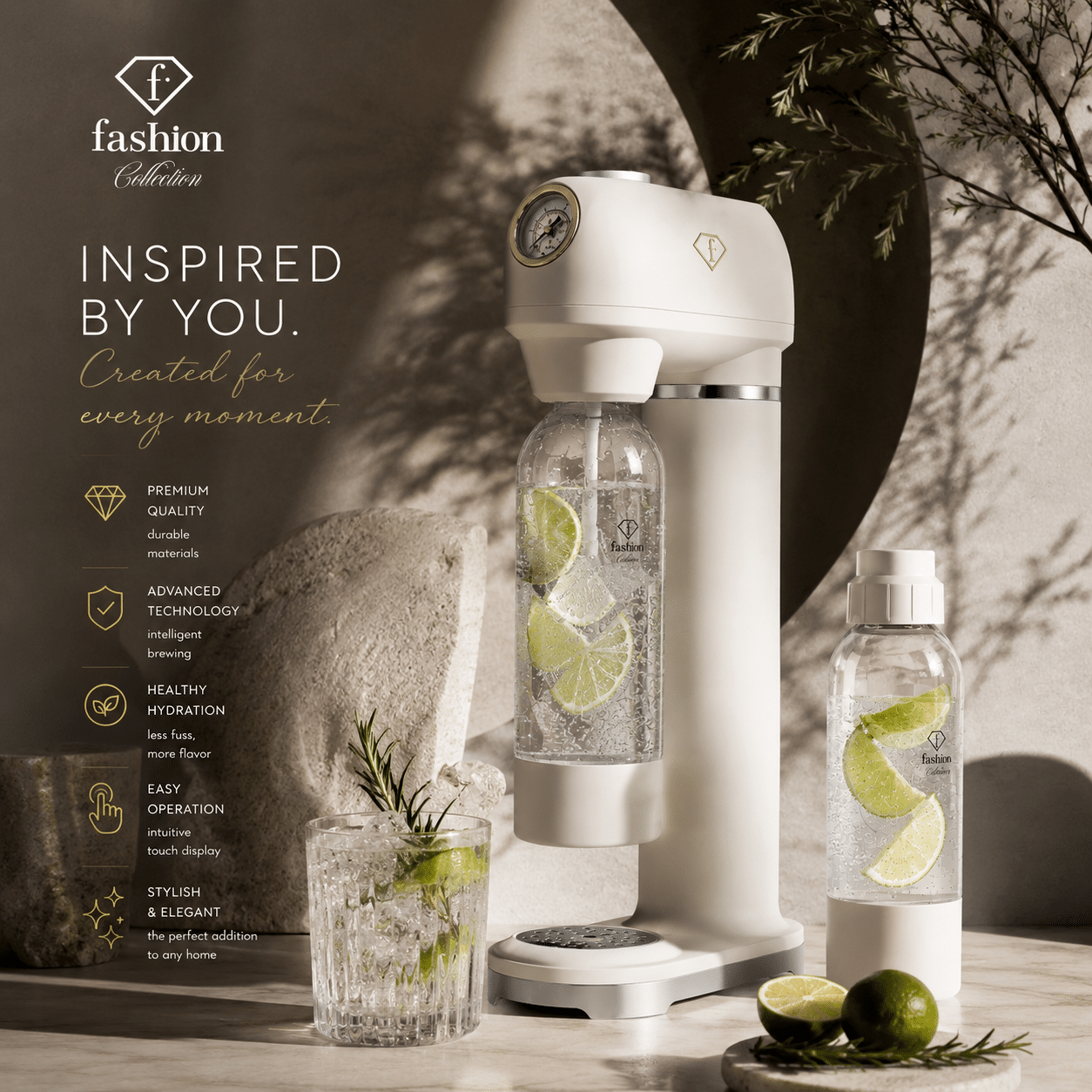 Soda maker with 2 bottles (Cream gold). The product presented in a home setting.