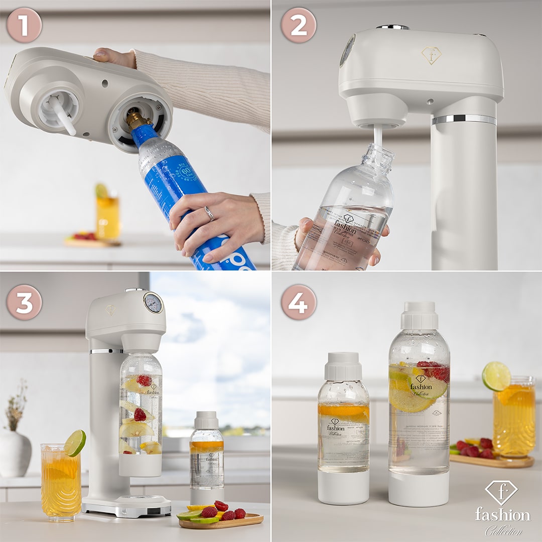 Soda maker with 2 bottles (Cream gold). Diagram showing bottle fitting and carbonation steps.